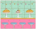 Hand drawn cute bakery and cake shop, fresh backed lemon and blueberry pies, a slice of cherry pie