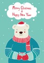 Hand drawn cute bear holding gift box for Christmas card templates. Christmas Poster,Vector illustration. Template for Greeting Sc Royalty Free Stock Photo