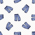 Hand drawn cute bed blue time pajama pants seamless vector pattern. Adorable sleeping clothes with plaid for peaceful