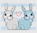 Hand Drawn Cute Bunny couple, print design rabbits and pink heart, children print on t-shirt.