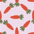 Hand drawn cute carrot on stripe seamless pattern. Vector farm fresh produce background. Farmers market vegetable. Root all over