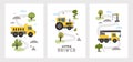 Hand drawn cute cars - Truck, tractor, cargo crane in road with text Little Driver. Vector set with cute cars for posters, fabric