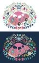 Hand-drawn cute cartoon car with a lot of floral elements and patterns. Flat doodle