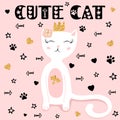 Hand drawn cute cartoon character white with pink cat with a crown and a flower on her head, stars, hearts, fish. ?olorful doodle