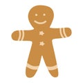 Hand drawn cute cartoon illustration of gingerbread cookie man. Flat vector Christmas ginger snap sticker in colored doodle style