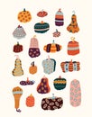 Hand drawn cute cartoon illustration of pumpkin set. Flat vector Halloween and Thanksgiving sticker in simple colored doodle style Royalty Free Stock Photo