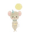 hand drawn cute cartoon mouse birthday boy with cake and balloon, birthday