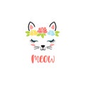 Hand drawn cute cat face with text: Meow. Sketch isolated cartoon illustration Royalty Free Stock Photo