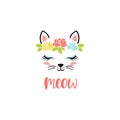 Hand drawn cute cat face with text: Meow. Sketch isolated cartoon illustration