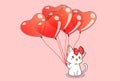 Hand drawn cute cat is holding heart balloons on pink background for Valentines day Royalty Free Stock Photo