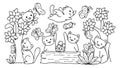 Hand drawn cute cats playing with butterfly in the forest,for design element and coloring book page.Vector illustrator.