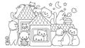 Hand drawn cute cats playing in the house at night, for design element and coloring book page.Vector illustration