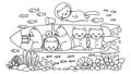 Hand drawn cute cats surveying under water world in submarine, for design element and coloring book page for kids.Vector illustrat Royalty Free Stock Photo