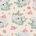 Hand drawn cute childish illustration koala flowers and green leaves pattern seamless print design