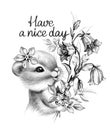 Hand Drawn Cute Chipmunk Holds Bouquet with Wildflowers