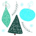 Hand drawn cute christmas tree and balls isolated on a trasparent background.