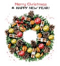 Hand drawn cute Christmas wreath with ribbons, balls, pine cones, mandarines, cinnamon stick and bow. Beautiful nobilis-fir wreath