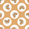 Hand drawn cute cocker spaniel dog face breed in polka dot seamless vector pattern. Purebread pedigree puppy domestic on