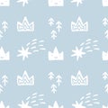 Hand drawn cute crown, fir trees and comets. Vector illustration seamless pattern. Simple repeated texture with