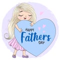 Hand drawn cute daughter girls with big heart. Happy Fathers Day.