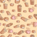 Hand drawn cute different types of coffee shadow on yellow background vector seamless pattern design