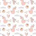 Hand drawn cute dinosaurs seamless pattern. Children pattern with girl dino, cactus, flowers for fashion clothes, shirt