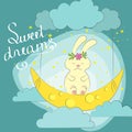 Hand drawn cute dreaming bunny on the moon.