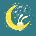 Hand drawn cute dreaming bunny on the moon