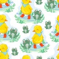 Hand drawn cute duckling and frog vector illustration seamless pattern cute friends on a rainy day