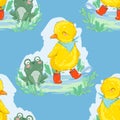 Hand drawn cute duckling and frog vector illustration seamless pattern cute friends on a rainy day