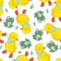 Hand drawn cute duckling and frog vector illustration seamless pattern cute friends on a rainy day