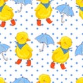 Hand drawn cute duckling and umbrella vector illustration seamless pattern Cute little duck bird rainy day Royalty Free Stock Photo