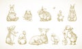 Hand Drawn Cute Easter AnimalsVector Illustrations Set. Little Rabbits, Ducks Chicken and Lamb with Ribbons and Easter