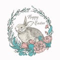 Hand Drawn Cute Easter Bunny in a Flowers Wreath Color Vector Illustration. Little Rabbit in a Willow Twigs Frame