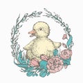 Hand Drawn Cute Easter Duckling in a Flowers Wreath Vector Illustration. Little Duck in a Willow Twigs Frame Abstract