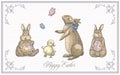 Hand Drawn Cute Easter Greetings Card Bunny Duckling and Butterfly Vector Illustration. Little Rabbits holding Basket