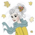 Hand drawn cute fashion autumn girl. Vector illustration. Portrait of a young woman with long hair. autumn leaves Royalty Free Stock Photo