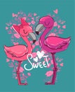 Hand drawn cute flamingo couple. Card for valentines day. Vector cartoon character