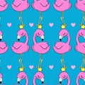 Hand drawn Cute Flamingo in a crown with heart pattern seamless background. Tropical print for textiles. Vector illustration Royalty Free Stock Photo