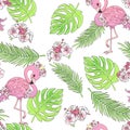 Hand drawn cute flamingo with flowers seamless pattern. Vector illustration. Royalty Free Stock Photo