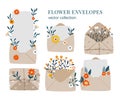 Hand drawn cute floral envelope illustrations. Vector vintage letter set with flowers, leaves and a place for your text Royalty Free Stock Photo