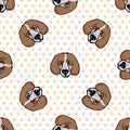 Hand drawn cute foxhound hunting dog face seamless vector pattern. Purebred pedigree domestic dog on paw background. Dog lover
