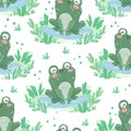 Hand drawn cute frog Seamless pattern vector background for kids Royalty Free Stock Photo