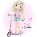 Hand drawn cute girl with pink kick scooter. Royalty Free Stock Photo