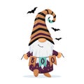 Hand drawn cute gnome in Halloween disguise with garland in his hands. T shirt design vector, Holidays greeting card. For flyers,