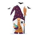 Hand drawn cute gnome in Halloween disguise with potion vial and witch`s broom in his hands. T shirt design vector, greeting card