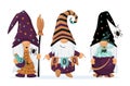 Hand drawn cute gnomes in Halloween disguise with a potion, broomstick, garland. T shirt design vector, Holidays greeting card.