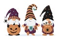 Hand drawn cute gnomes in Halloween disguise with a pumpkin, sweets, garland. T shirt design vector, Holidays greeting card. For