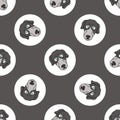 Hand drawn cute Greyhound dog face breed in polka dot seamless vector pattern. Purebread pedigree puppy domestic on