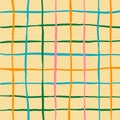 Hand Drawn Cute Grid. Doodle Beige, Yellow, Pink, Blue, Green Plaid Pattern With Checks. Graph Square Background With